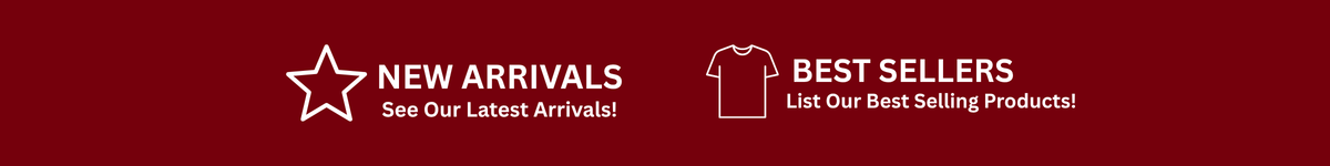 Red banner with white text and icons for new arrivals and best sellers.